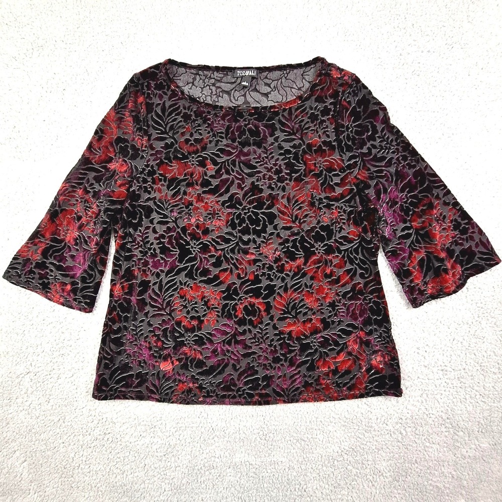 Roz‎ & Ali Top Womens Large Floral Velvet Burnout 3/4 Sleeve Blouse Whimsygoth